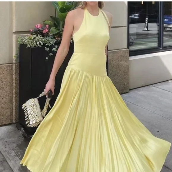 green emerald velvet dress Women's Yem Drop Waist Halter Neck Woven Cotton Maxi Dress Freesize/Customize Mustard Yellow Striped Mean Blvd Customize / Mustard Yellow / Striped main image 1